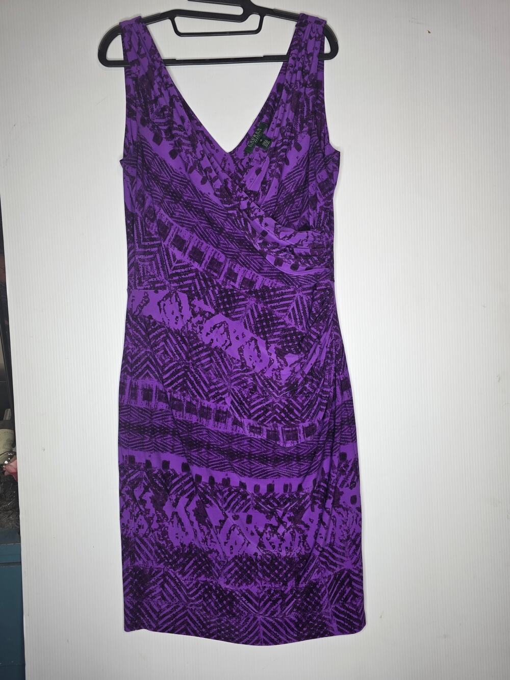 Lauren Ralph Lauren Geometric Print Ruched Sheath Dress Purple Sleeveless  12